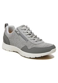 Gray athletic shoe with textured fabric upper, smooth accents, and a white sole. Features laces and a zippered side closure.