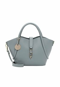 Lichtgrijze leren handtas met een gestructureerde vorm, dubbele handvatten, een afneembare schouderriem en een accent van zilveren hardware.