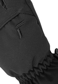 Schwarze Handschuhe mit eng anliegendem Design aus strukturiertem Stoff, Raffung am Handgelenk und einem detaillierten Logo, das an der Seite gestickt ist.