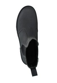 Stivale alla caviglia in pelle nera con una parte superiore liscia, pannelli elastici laterali, un inserto per il tallone e suola in gomma testurizzata.