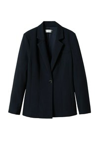 Blazer noir à un seul bouton avec revers crantés et manches longues, coupe ajustée et petite poche poitrine côté gauche.