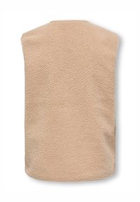 Beež värvitud varrukateta fliisvest tekstuurse pinnaga, millel on ümarad õlad ja sirge äärejoon, mis on loodud soojuse ja mugavuse tagamiseks.