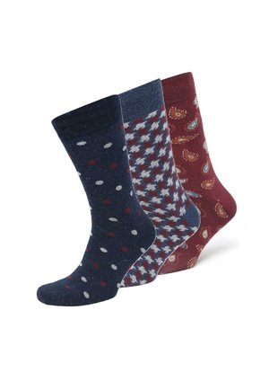 Drei Paar Socken: dunkelblau mit weißen und roten Punkten, gemustert in Grau und Hellblau, sowie bordeauxrot mit Paisleymuster. Baumwollmischung.