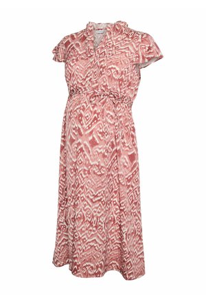 Lyserød og hvid mønstret graviditetskjole med korte ærmer, V-hals og bundet taljebælte.