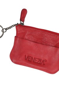 Red leather coin pouch with a zip closure, keychain attachment, and embossed "VENEZIA" logo on the front. Soft texture, compact design.