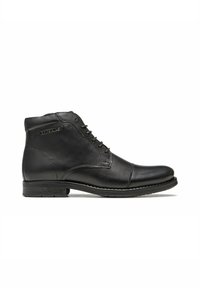 Bottes pour hommes en cuir noir à la cheville avec lacets, petit talon et détails de couture, vues de profil sur fond blanc.