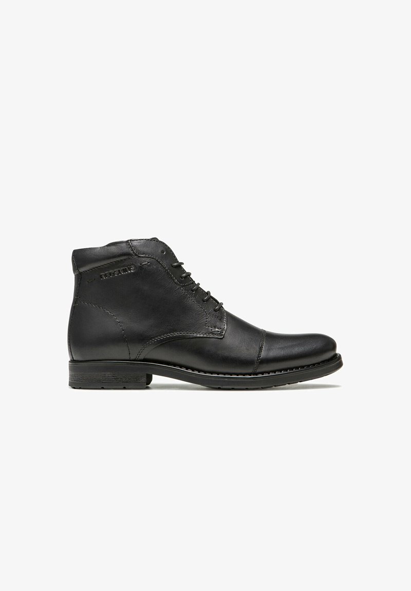 Bottes pour hommes en cuir noir à la cheville avec lacets, petit talon et détails de couture, vues de profil sur fond blanc.