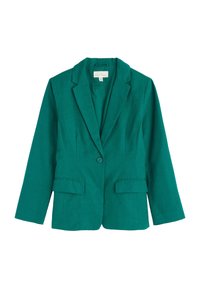 Blazer di lino teal con un design aderente, rever a lancia, chiusura con un solo bottone e due tasche frontali. Texture liscia e taglio sartoriale.