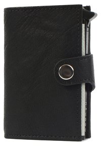 Black leather wallet with textured finish, featuring a snap closure, metal accents, and slots for cards. Compact rectangular design.