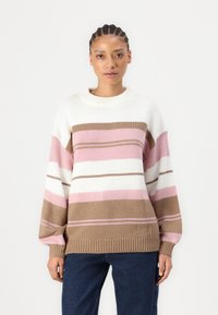 Lightweight knit sweater featuring horizontal stripes in pink, white, and brown; ribbed crew neckline and cuffs; loose-fitting design.