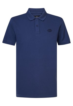 Polo Navy en tejido de mezcla de algodón; presenta un cuello, tapeta con dos botones y un pequeño logo negro en el lado izquierdo del pecho. Mangas cortas.