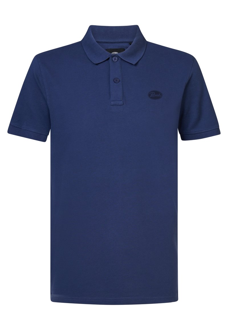 Marinblå pikétröja i bomullsblandad tyg; har en krage, tvåknappsslutning och en liten svart logotyp på vänster bröst. Kort ärm.