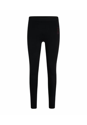 Leggings noirs avec une texture lisse et une taille élastique. Présentent un logo rouge discret sur le côté. Design ajusté.