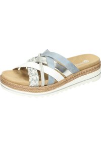 Sandales légères à glissière avec des brides tissées et lisses en argent, blanc et bleu clair. Semelle texturée avec une légère plateforme en liège.