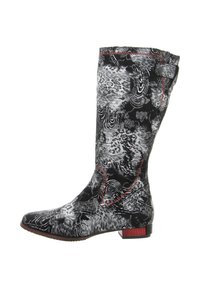 Tall black and gray patterned rain boot with a smooth texture, featuring red stitching and a low square heel. Decorative button detail on the side.