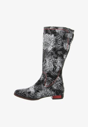 Tall black and gray patterned rain boot with a smooth texture, featuring red stitching and a low square heel. Decorative button detail on the side.