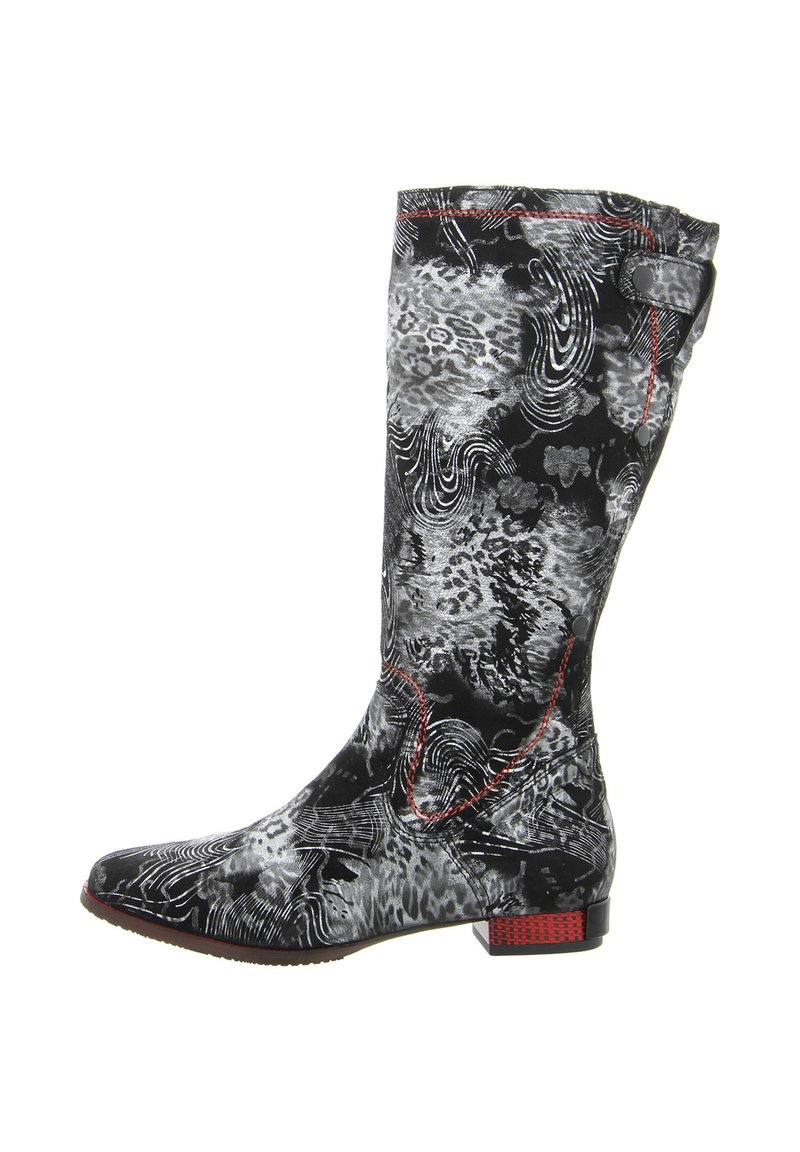 Tall black and gray patterned rain boot with a smooth texture, featuring red stitching and a low square heel. Decorative button detail on the side.