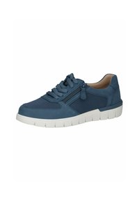 Blue athletic shoe with a textured mesh panel and smooth suede accents. Thick white sole with a zigzag pattern and traditional laces.