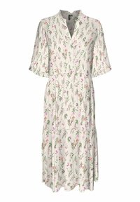Kwiatowa sukienka midi w odcieniu kremowym, z krótkimi rękawami z mankietami, dekoltem w serek oraz warstwową spódnicą. Wzór zawiera zielone liście i różowe kwiaty.