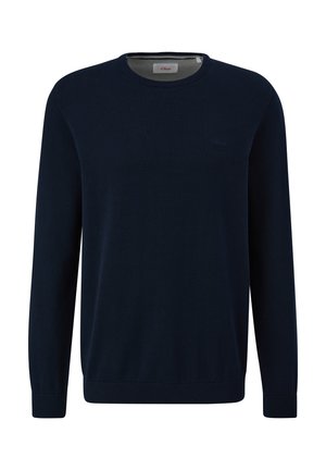 Navy blue crew neck sweater made of soft knit fabric, featuring long sleeves, ribbed hem, and a subtle logo on the chest.