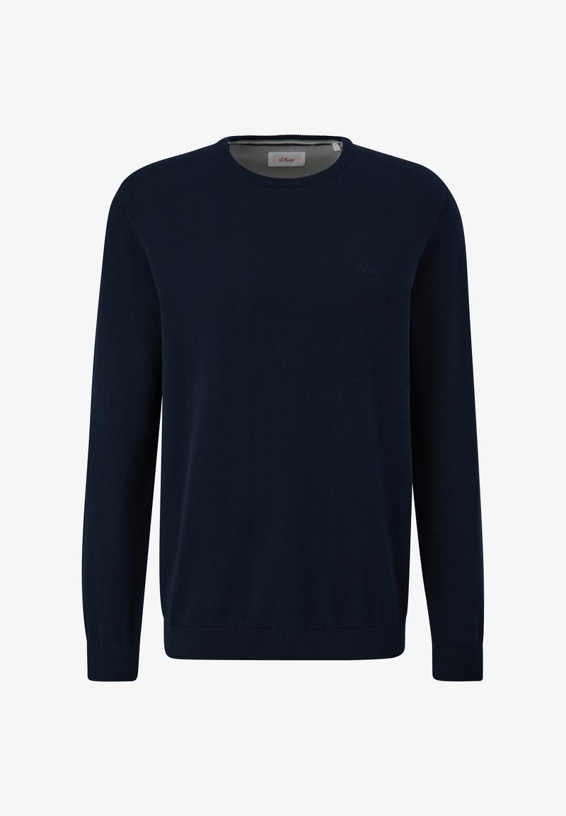 Marineblaues Rundhals-Top aus weichem Strickstoff, mit langen Ärmeln, geripptem Saum und einem dezenten Logo auf der Brust.