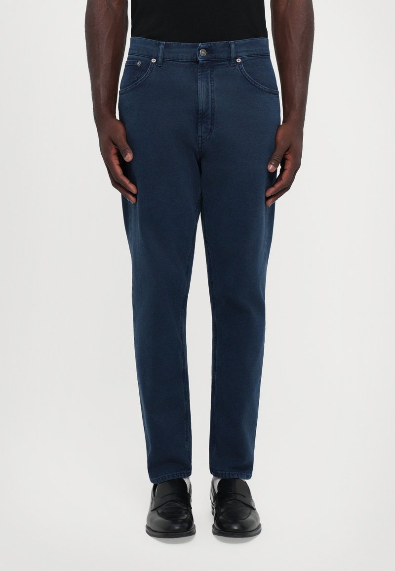 Navy blue denim pants with a straight cut, featuring front pockets, a button closure, and subtle stitching details.