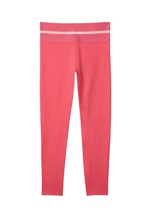 Koraalroze leggings van volledige lengte met een brede tailleband met een lichtroze streep en een klein Calvin Klein-logo in het midden voor.