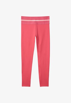 Koralpink leggings i fuld længde med bred linning med lyserød stribe og lille Calvin Klein-logo i midten foran.