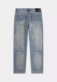 Jeans di denim azzurro chiaro con una texture a motivo, che presentano due tasche posteriori e dettagli consumati sulle gambe frontali.