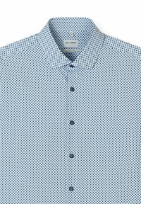 Light blue men's dress shirt with a small black geometric dot pattern, buttoned front, and spread collar.