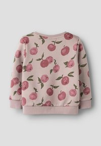 Felpa rosa chiaro con un motivo di ciliegie rosse e foglie verdi. Polsini e orlo a coste, con scollatura rotonda e texture morbida.