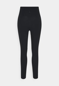 Czarne legginsy z wysokim stanem wykonane z elastycznego materiału o gładkiej strukturze i falbaniastych detalach u dołu. Posiadają małe logo w talii.
