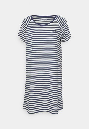 Streifen-Kleid in Marineblau und Weiß mit rundem Ausschnitt, kurzen Ärmeln und seitlichen Schlitzen für mehr Bewegungsfreiheit. Mit besticktem Text.