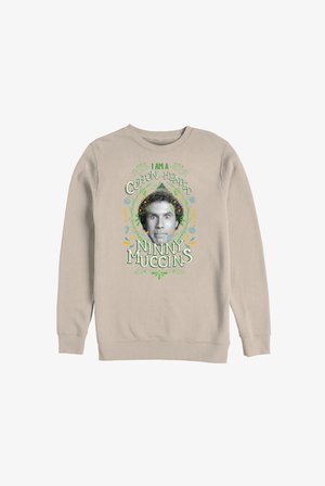 Beżowa bawełniana bluza z nadrukiem na środku przedstawiającym twarz z napisem "I AM A COTTON-HEADED NINNY MUGGINS" w zielonym kolorze oraz ozdobnymi akcentami.