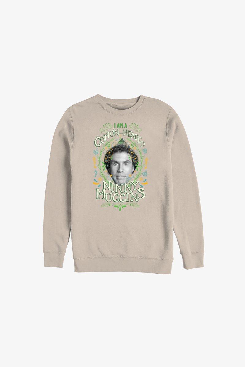 Béžová bavlněná mikina s grafikou uprostřed zobrazující obličej a zeleným nápisem „I AM A COTTON-HEADED NINNY MUGGINS“ spolu s dekorativními prvky.