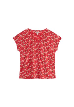 Bluza roșie cu mâneci scurte, decolteu în V și imprimeu floral mic în alb, galben și albastru, cu nasturi în față, croială largă.