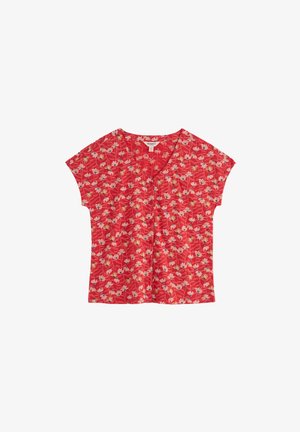Blouse rouge à manches courtes avec col en V et petit imprimé floral blanc, jaune et bleu, devant boutonné, coupe ample.