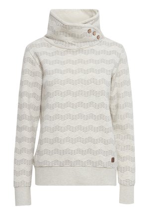 Pull gris clair avec un col cheminée, mettant en avant un motif en zigzag et trois boutons en bois au niveau du col. Texture douce, poignets côtelés.