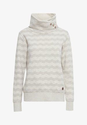 Hele hall pullover, millel on torvakaelus, kaheksanurgaga mustriga ja kolm puidust nööpi kaeluses. Pehme tekstuur, soonikkoes varrukad.