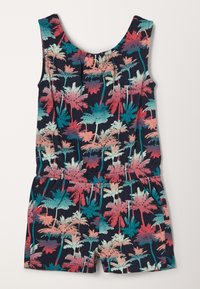 Marineblå romper med palmeprint i pink, teal og hvid. Glat stof med en samlet halsudskæring og elastisk talje.