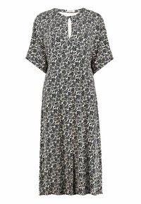 Schwarz-beige blumig gemustertes Kleid mit einem Ausschnitt in Schlüssel-Form, kurzen Ärmeln und lässigem Schnitt. Leichter Stoff, knielanges Design.