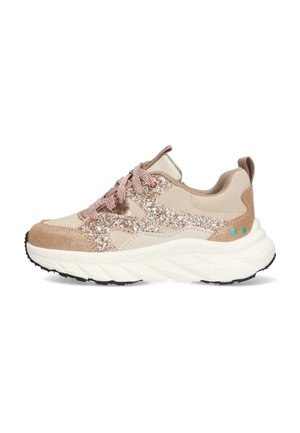 Beige athletic sneaker with sparkling accents, textured fabric, chunky white sole, and brown highlights. Features contrasting laces and back tab.
