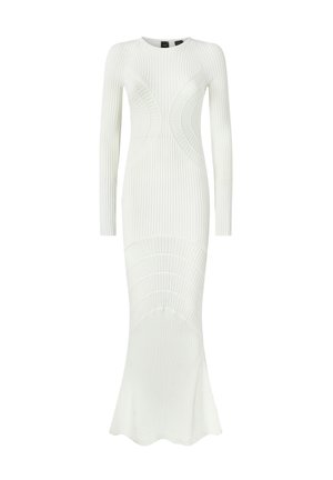 Abito bianco attillato a maniche lunghe realizzato in maglia a costine. Presenta dettagli con motivo testurizzato e un orlo svasato a caviglia.