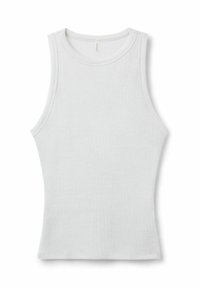 Lichtgrijze, mouwloze ribben tanktop met een ronde halslijn en een aansluitende pasvorm. Gemaakt van een zachte, rekbare stof.
