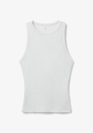 Světle šedý, bezrukávový žebrovaný top s kulatým výstřihem a přiléhavým střihem. Vyrobený z měkkého, elastického materiálu.