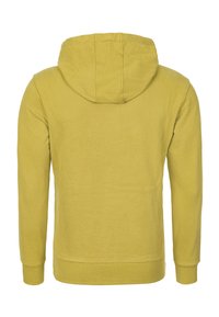 Gul hoodie med dragsko i huven, långa ärmar, ribbade muddar och nederkant. Tyget ser mjukt ut med en slät yta och minimala sömmar.