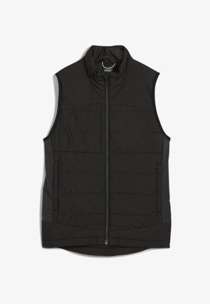 Vest puffer negru cu guler înalt, design fără mâneci, închidere frontală cu fermoar și model matlasat orizontal. Fabricat din material izolat, ușor.