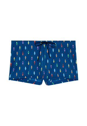 Shorts de bain bleu marine avec un motif multicolore de conducteurs de trottinettes et un cordon noir à la taille.