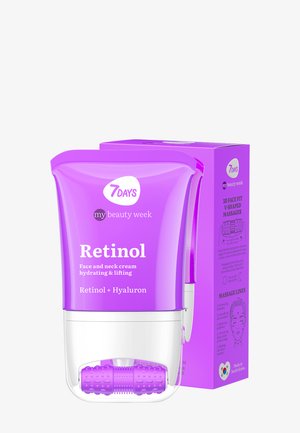 Crème visage et cou au rétinol violet avec une partie inférieure transparente contenant un masseur roulant. L'emballage présente du texte et des illustrations sur une boîte.