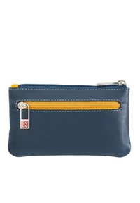 Portafoglio in pelle blu con dettaglio della cerniera arancione. Presenta un accento in metallo argentato e cuciture a contrasto lungo i bordi. Design compatto.